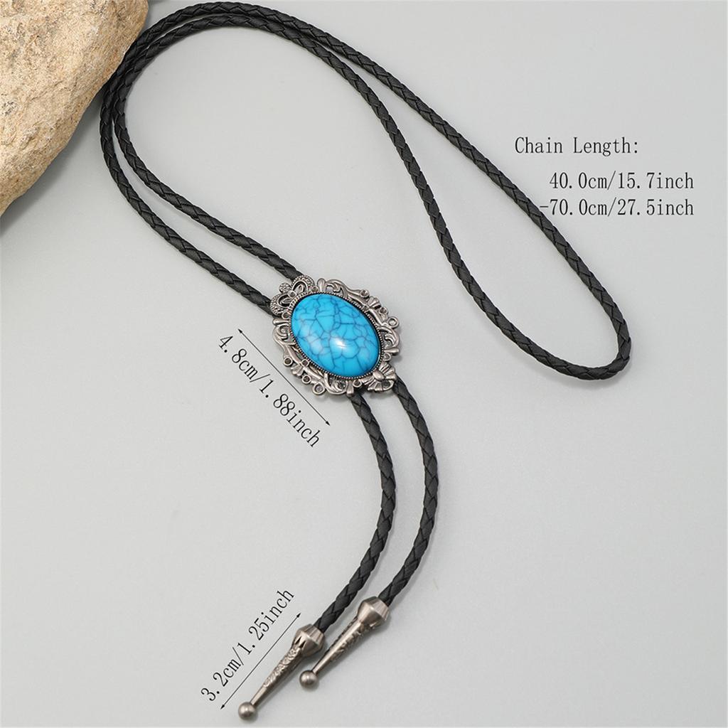 Lightweight Adjustable Cowboy Bolo Tie With Crack Turquoises Pendant Western Leather Necktie Necklace For Men And Women