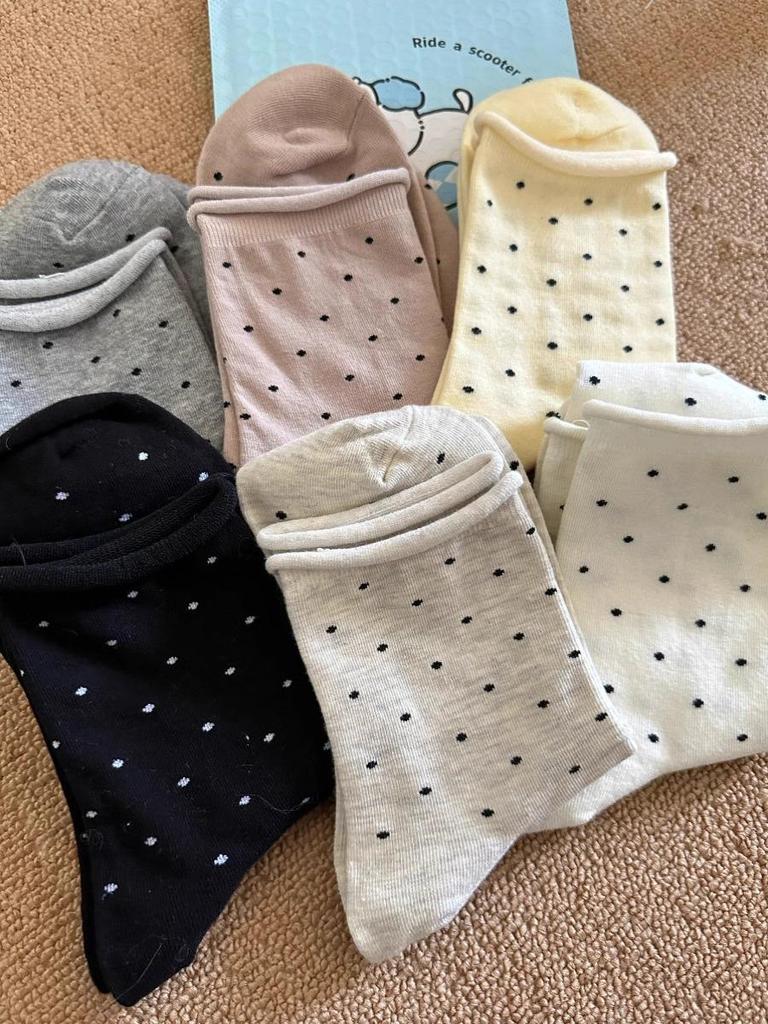 Women's Polka Dot Mid-Calf Socks - Spring To Autumn, Trendy Korean Style, Thin Sports Design with Rolled Edge.