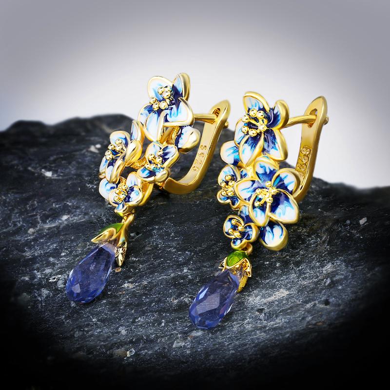 Silver Elegant And Exquisite Blue Floral Blue Drop Earrings Female Wedding Engagement Party Jewelry Gift