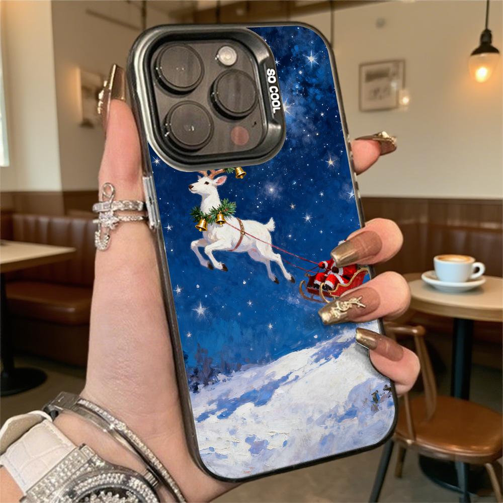Santa Reindeer Sleigh In Snow Hard Phone Case for Iphone 16 15 14 13 12 11 Pro Max Mini Shockproof Anti-Scratch Protective Cover