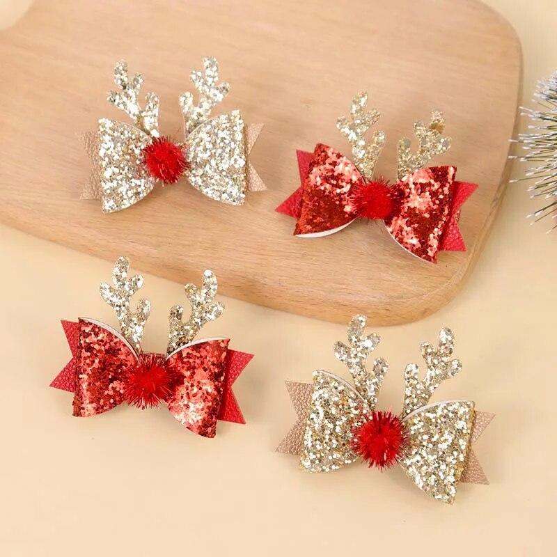 2/4pcs Christmas Elk Ear Bow Hair Clip Glitter Gold Red Hairpin Women Girls Headdress New Year Party Barrettes Cosplay Headwear