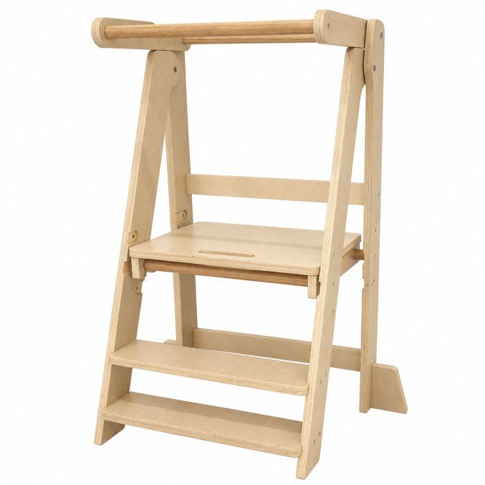 GINGER HOME Tour Montessori Enfant Pliable, Natural Solid Wood Learning Tower, Safe Kitchen Step Stool, 51x37x92 Cm