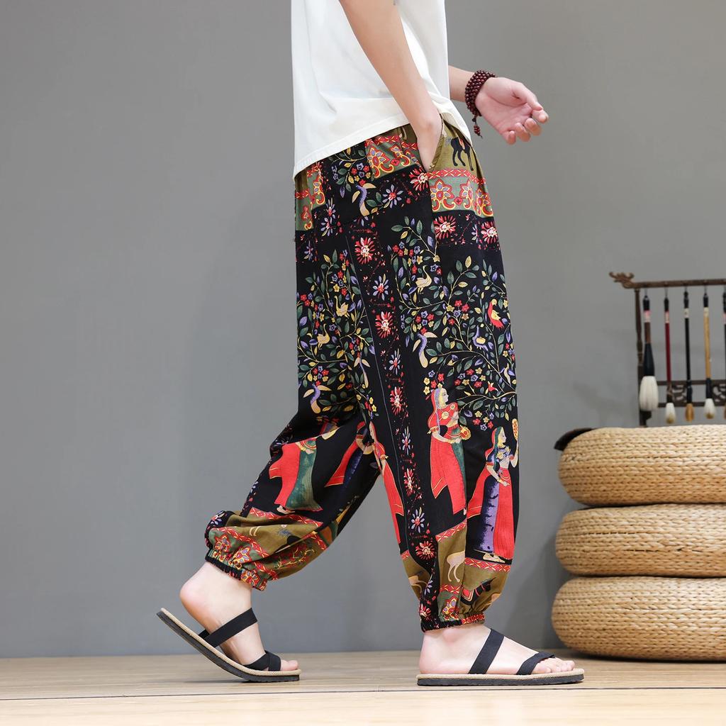 2026 Summer Men Casual Print Baggy Pants Men Chinese Style Vintage Harem Pants Male Streewear Wide Leg Pants Male Hanfu Trousers