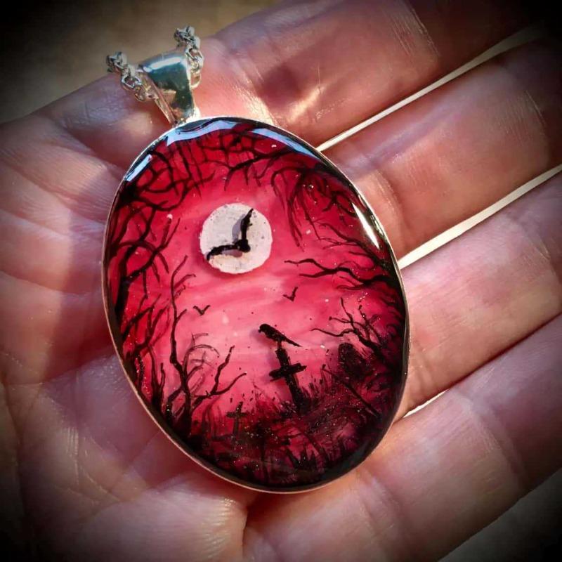 New Gothic Black Crow Cemetery Moon Ghost Forest Oval Pendant Necklace for Women Halloween Party Vampire Artistic Jewelry Gifts