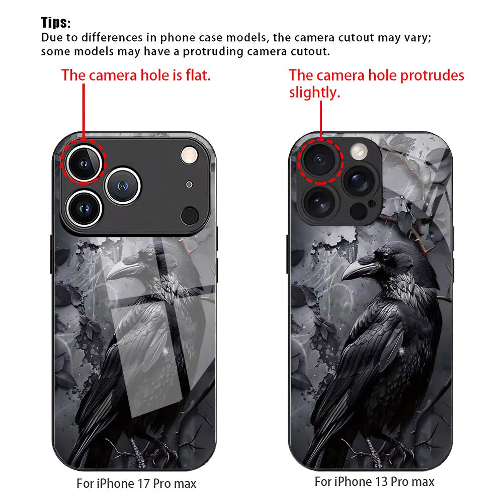 Crow pattern tempered glass mobile phone case suitable for iPhone 17/16/15/14/13/12/11Pro Max all-inclusive anti-fall back cover
