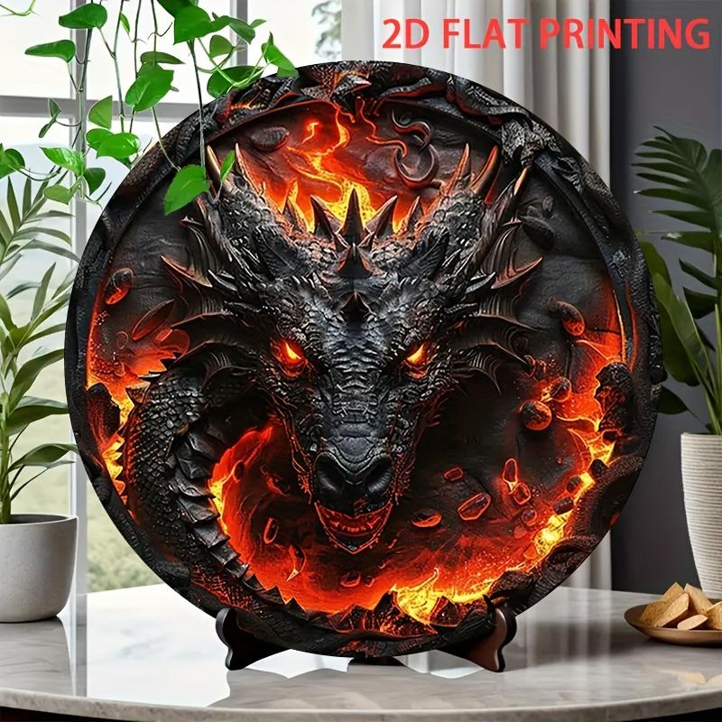 Lava Fire Dragon Round Metal Tin Sign D Flat Printing Fantasy Wall Plaque for Gothic Home Decor