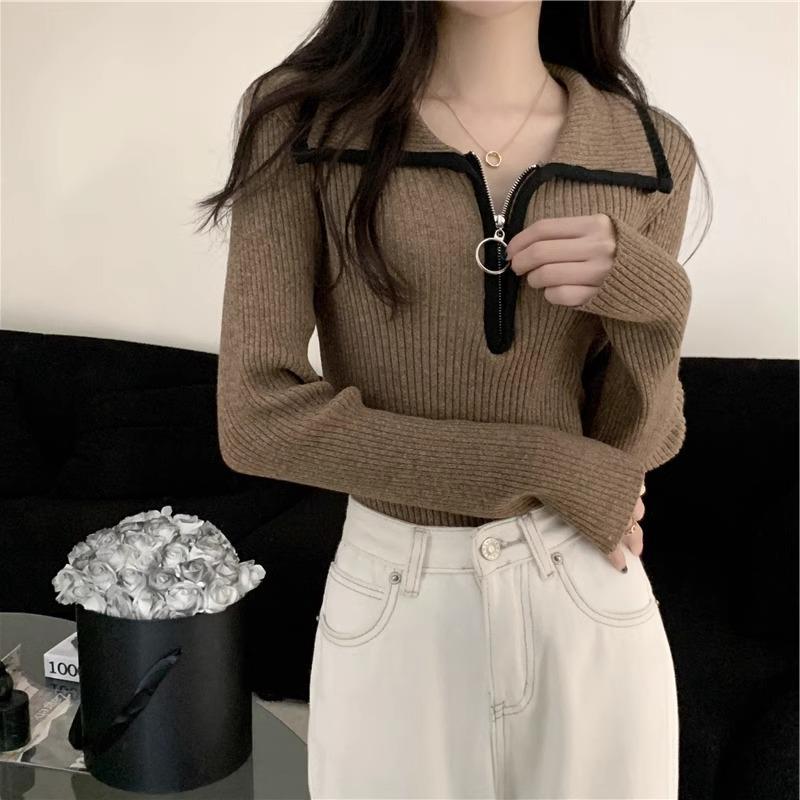 Women's Autumn and Winter Base Knitted Blouse with Color-Blocking Design Half-Zip Turn-Up Collar Slimming and Figure-Highlighting