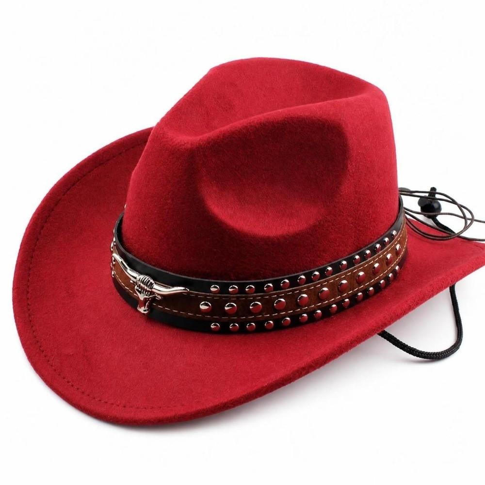 Wide Brim Western Cowboy Hat Ox Head Decorative Studded Leather Cap Tibetan Style Top Hat  Party