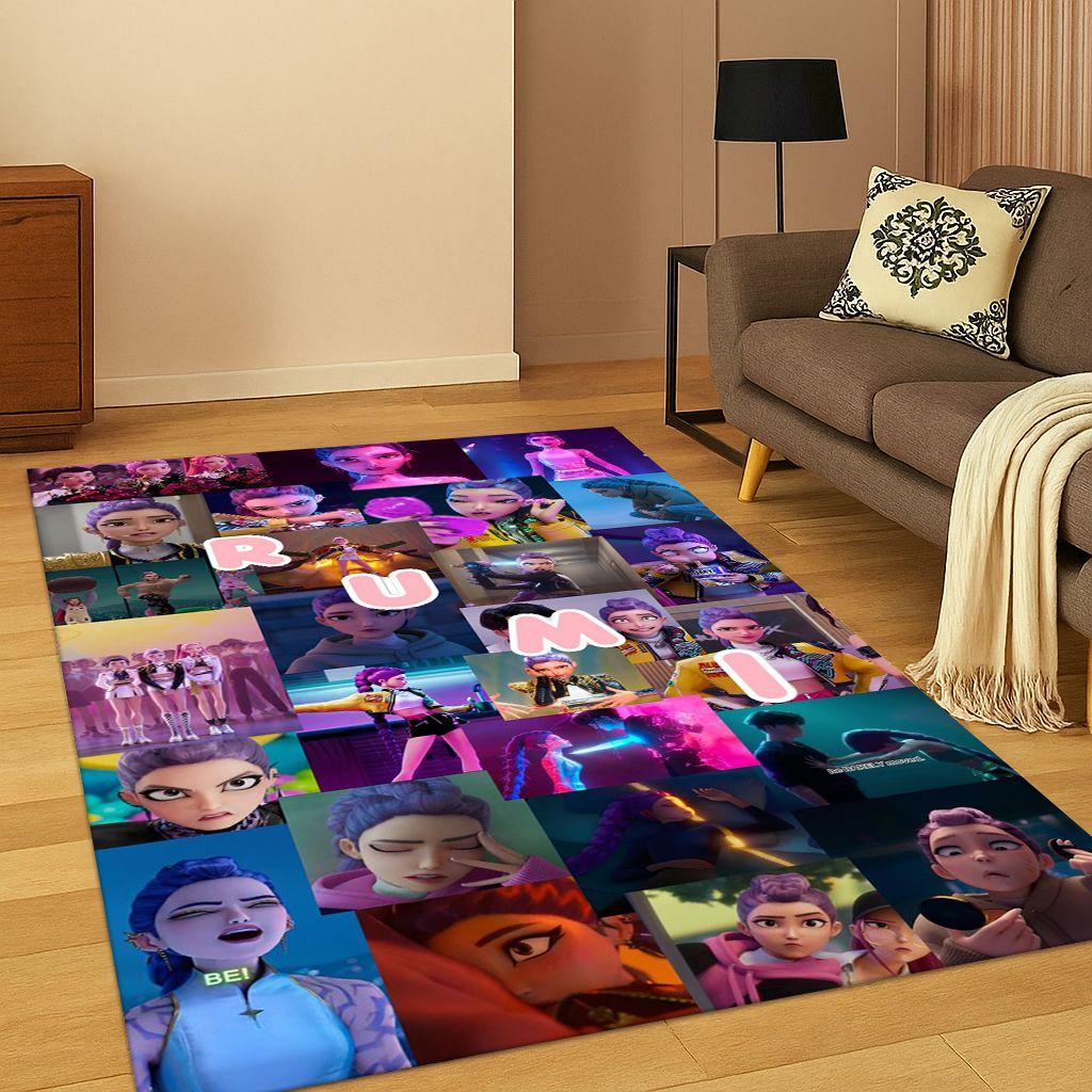 Kpop Demon Hunters Rumi Mira Zoey Hudební Kreslený Koberec Kobereček do Ložnice Obývacího Pokojí Gauče Domácí Dekorace, Protiskluzová Podložka na Podlahu Dárek