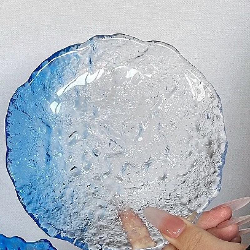 ZISIZ Ins Style Gradient Blue Irregular Glacier Glass Dinner Plates (Set of 3, Large)