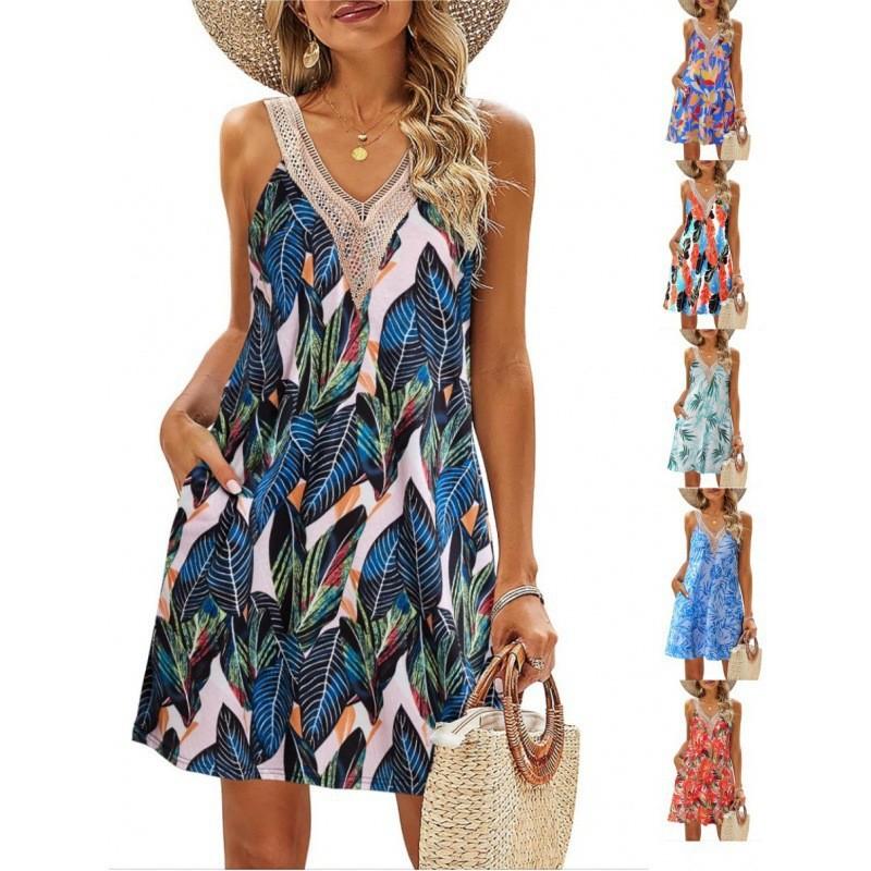 Women's Summer Beach Lace V Neck Tank Casual Print Sleeveless Short Dresses