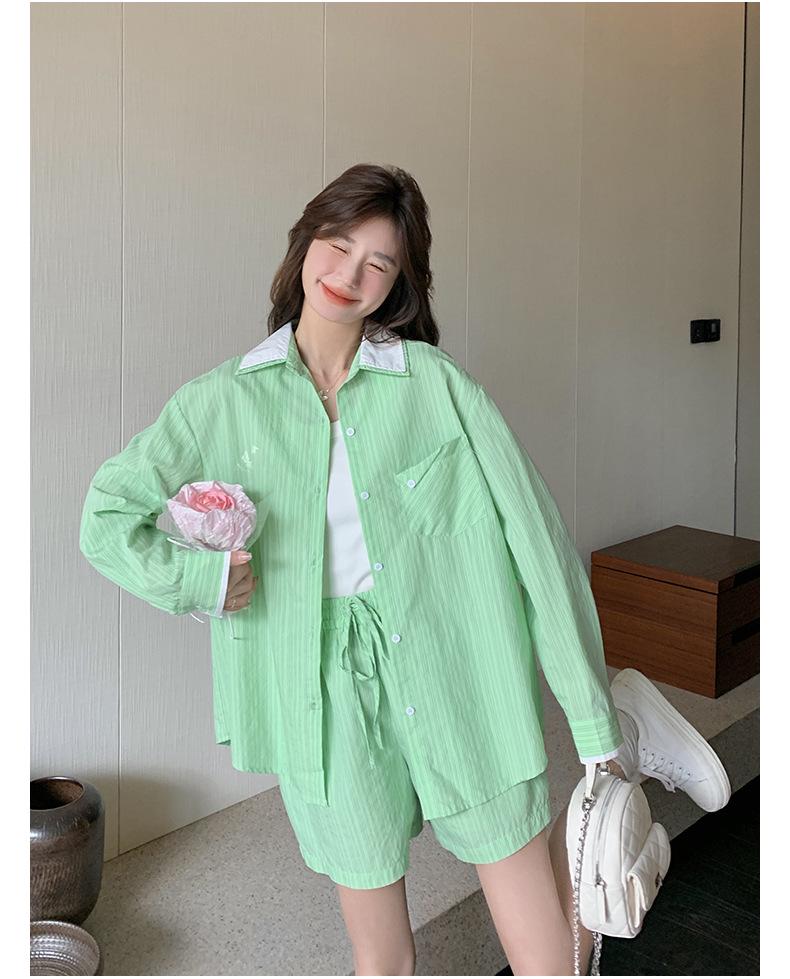 Spring/Summer Color Block Shirt & Elastic Waistband Shorts Set for Women