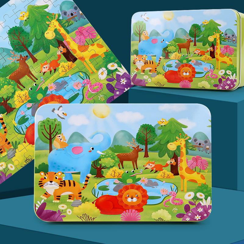 100-Piece Wooden Jigsaw Puzzle Tin Box for Children Ages 3-7: Educational Cartoon Toy
