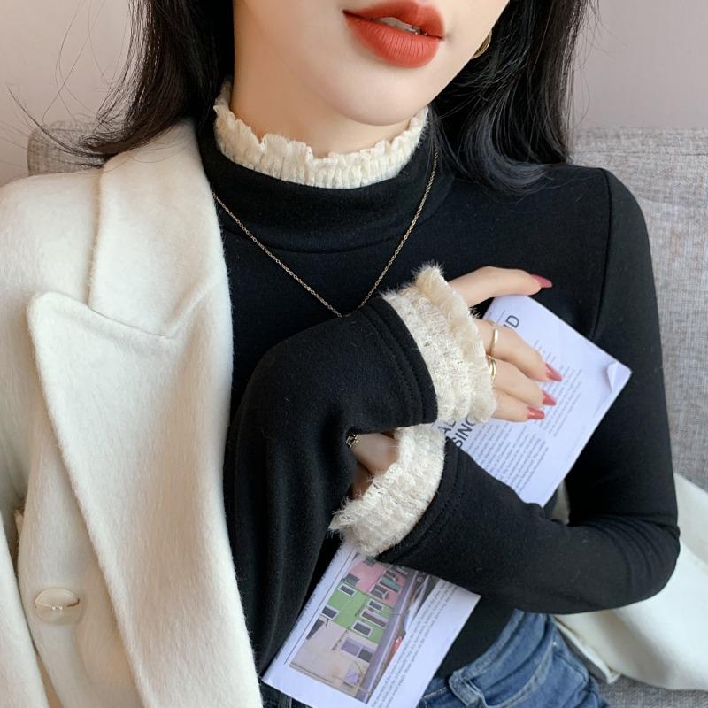 Lace semi-turtleneck bottoming shirt women's spring German velvet inner long-sleeved shirt thickened imitation cashmere versatile top