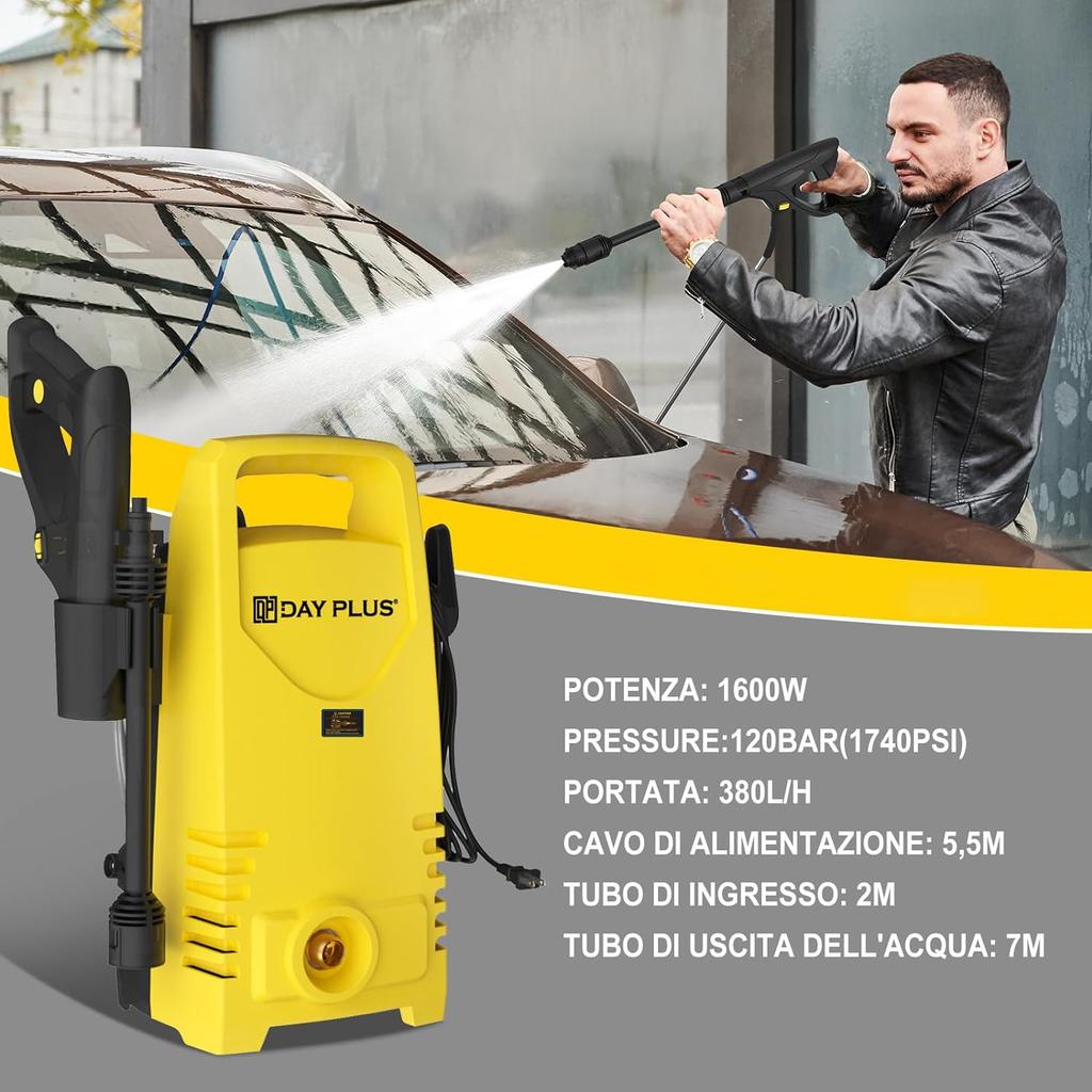 Electric High Pressure Washer 1600W,120bar,380l/h Adjustable Lance from 0 To 180°,7m Flexible Hose,for Terraces,Gardens,Cars