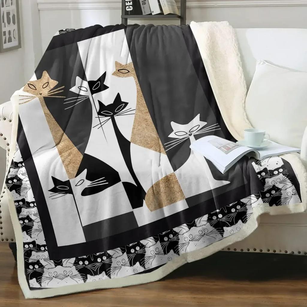 Grey and White Cats Blanket Plush Sherpa Flannel Throw Blankets for Couch Sofa Super Soft Blanket Bedroom TV Throw Blanket Full