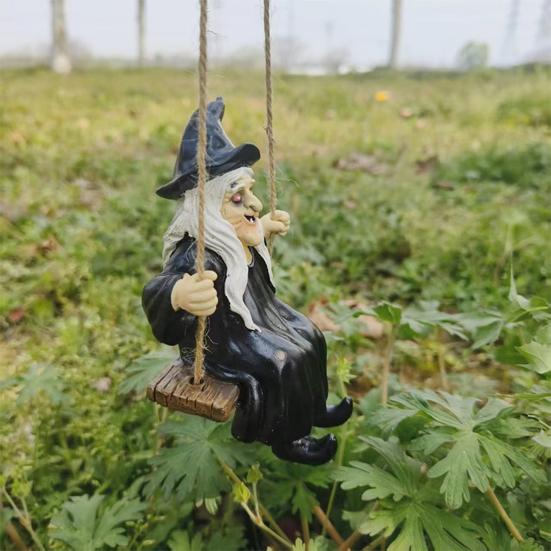 Halloween Swing Ghost Statue Resin Ghost Dog Witch on A Swing Figurine Outdoor Tree Hanging Ornament for Garden Patio Lawn Yard Decor