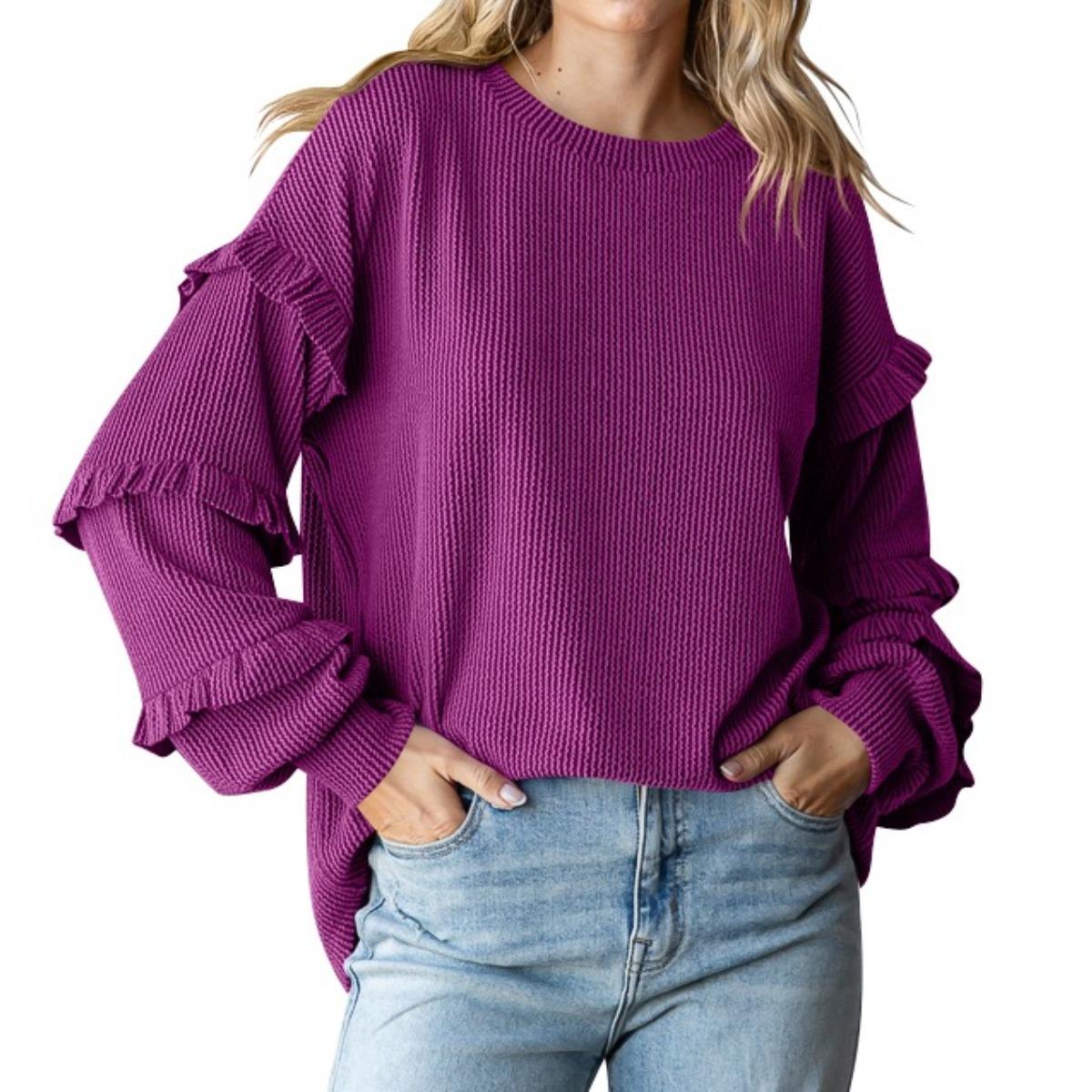 Women s Round Neck Long Sleeve Waffle Knit Top Loose Fit Ruffle Lantern Sleeve Shirt S