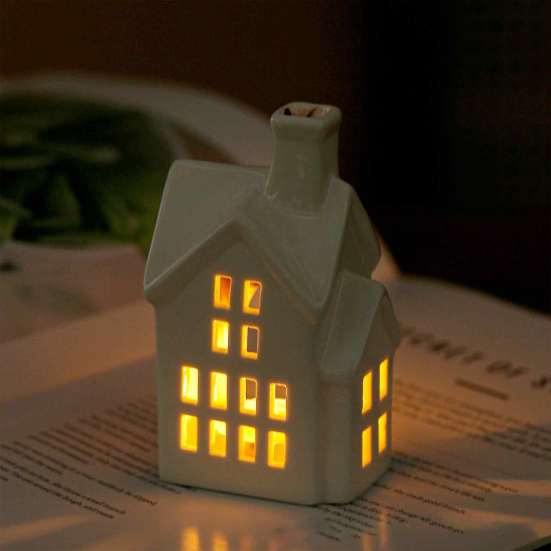Ceramic House Decor Shape Candle Holder, White Hollow Tea Light Holder Durable Craft Gift Ornament, Artistic Miniature Figurine for Christmas