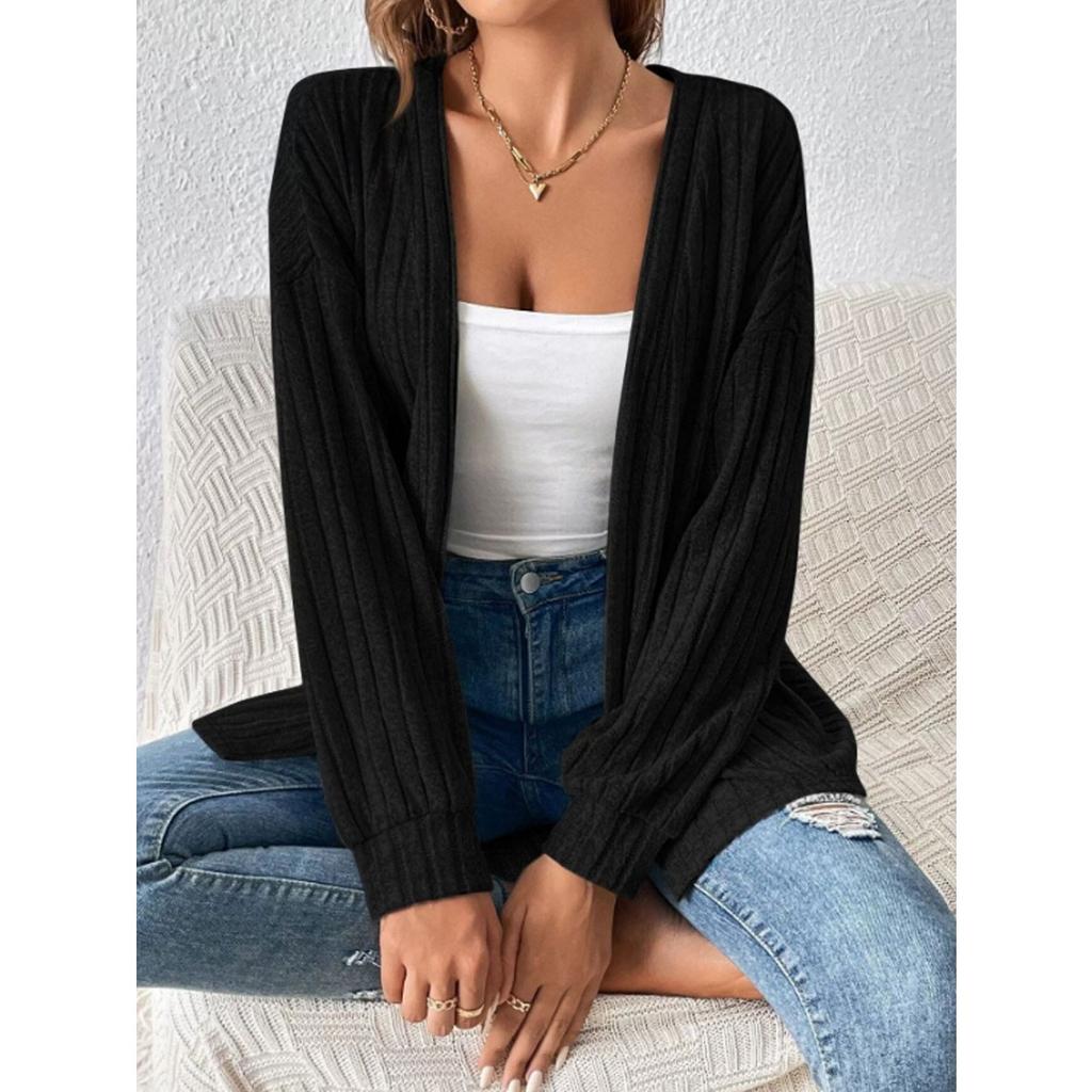 Fall Winter Women's Solid Color Ribbed Knit Cardigan Coat Simple Casual Long Sleeve Outerwear Top for Cross-border Export