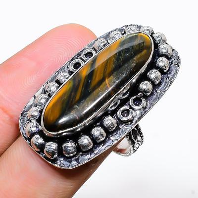Natural Tiger Eye Gemstone Handmade 925 Sterling Silver Ring Size 7.5 O4e61