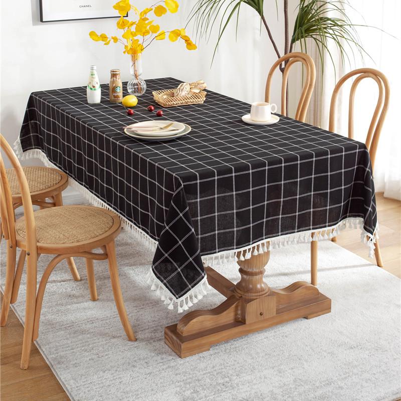 Cafe Double-Line Plaid Cotton Polyester Hemp Tassel Geometric Rectangular Dining Table Coffee Table Tablecloth Tablecloth