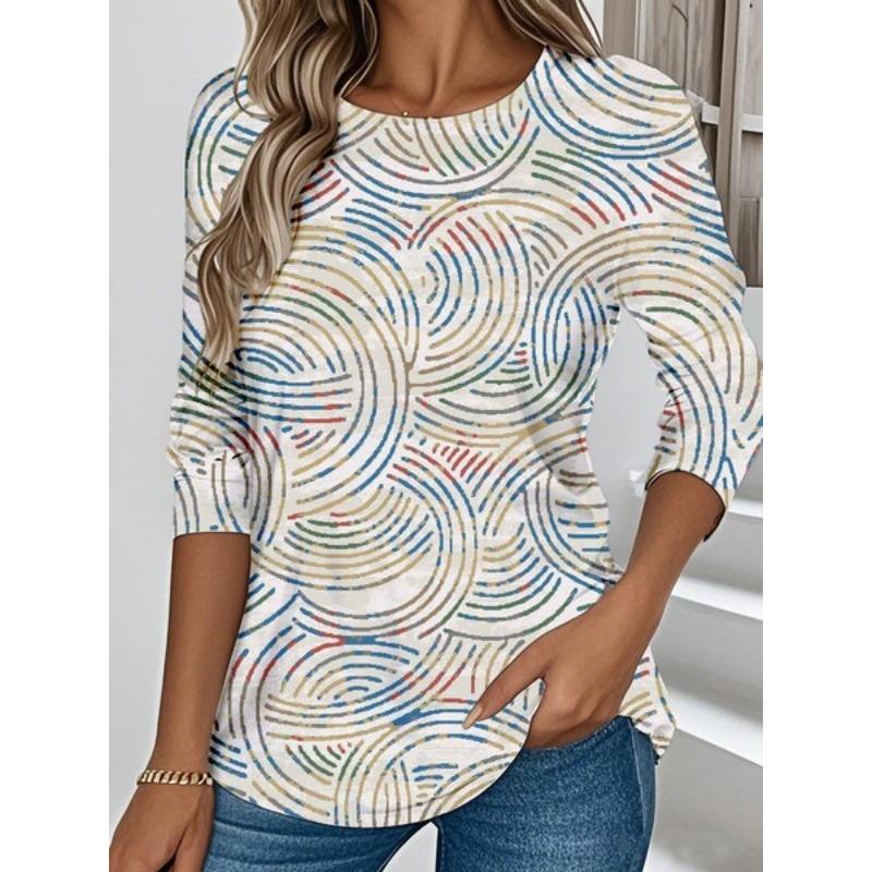 Women's 3D Printed Flower Crew Neck Casual Stylish Long Sleeve T-Shirt