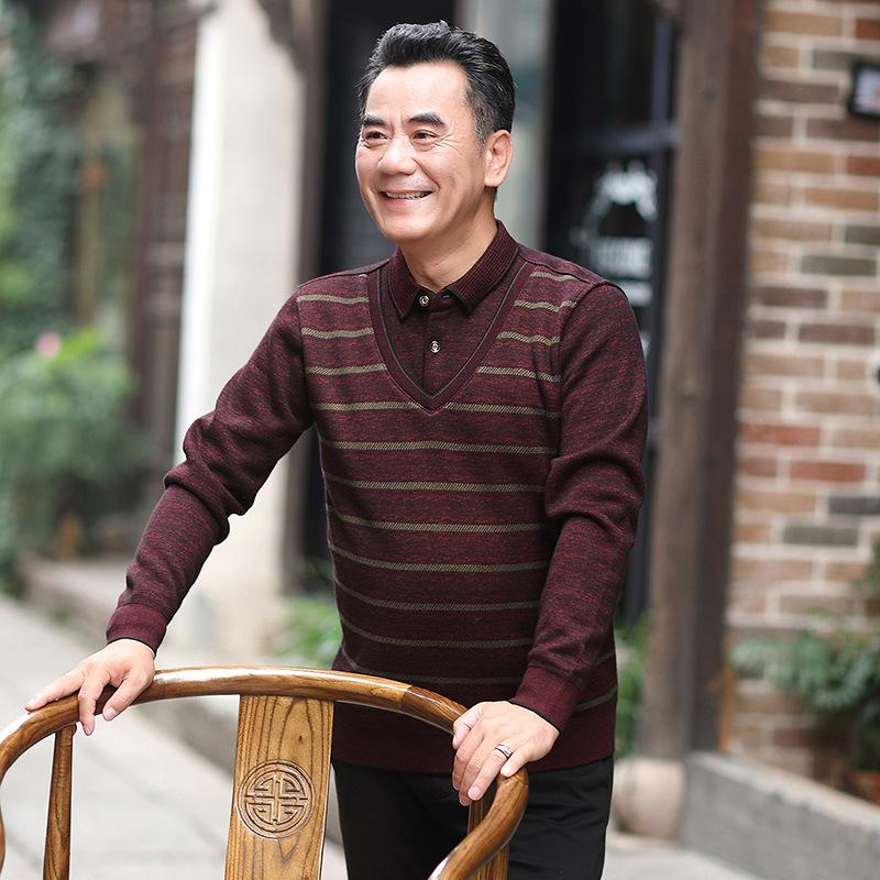

Men s Striped Faux Two-Piece Velvet Knit Shirt for Middle-Aged and Elderly - Winter Casual Loose Fit XL вина червоного кольору