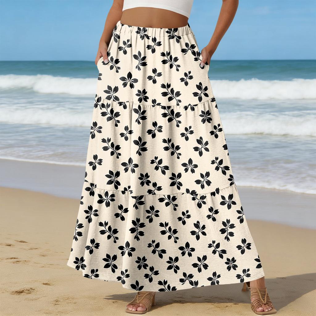 Women's Casual High Waist Drawstring A-line Skirt Color Skirt With Pockets