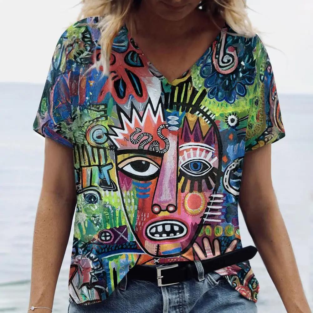 Letní dámské módní tričko Exagerovaný umělecký potisk Topy Trička Dámské Vintage Krátký rukáv Oblečení Dámské Denní Ležérní Streetwear