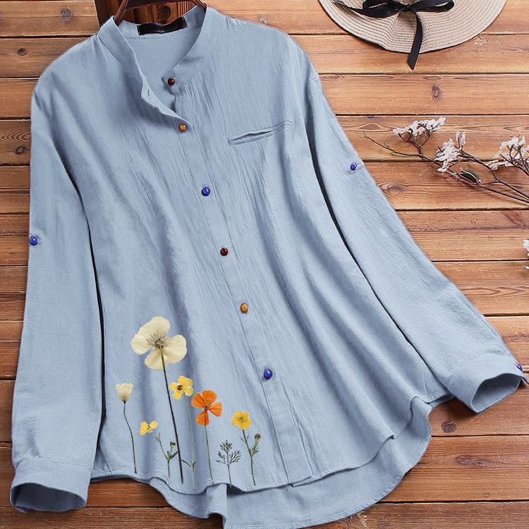 2024 Spring/Summer Women's Cotton Linen Print Shirt with Stand Collar and Colored Buttons