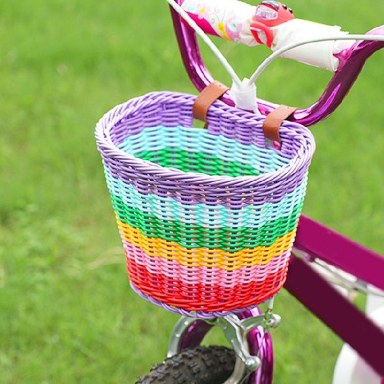 Kids Bikes Front Basket Rainbow Color Plastic Wovens Bikes Basket Easily Install