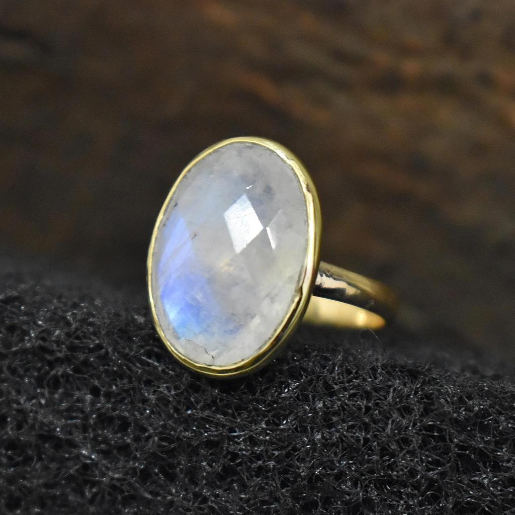 Oval Rose Cut Rainbow Moonstone Sterling Silver Yellow Gold Fill Ring Jewelry