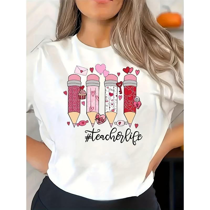 

Women Valentine s Day Pencil Heart Print Tee Round Neck Short Sleeve Polyester Blend Casual Summer Top 4XL білий