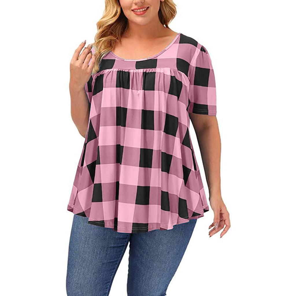 Summer Women's Short Sleeve Blouse Round Neck Loose Plaid Printed Shirt Top