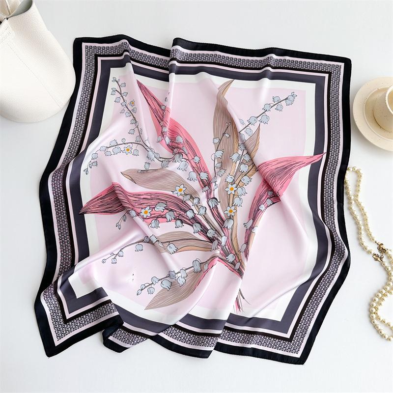 Summer New Flower Printing Scarf Simulation Silk 71cm Small Square Scarf Simple and Versatile Sun Protection Professional Scarf Women