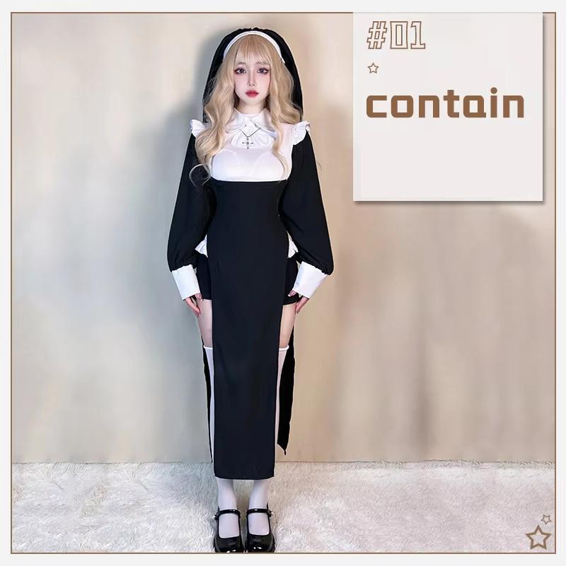 Gothic Vampire Nun Costume Women Plus Size Sexy Cosplay Dress Halloween Church Sister Robe S