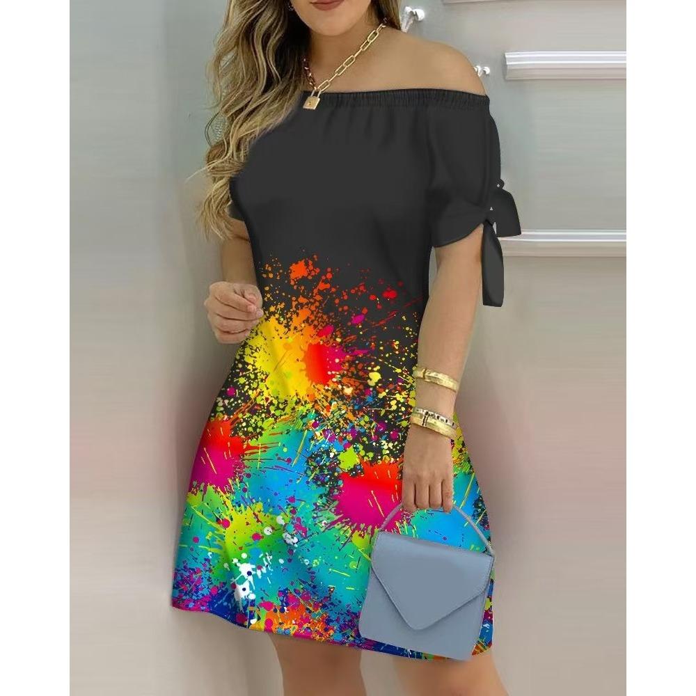 Women's Fashion Summer Spring Solid Color Print Short Sleeve One Shoulder High Waist Casual Dresses