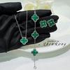 Elegant Green Malachite Lucky Four Leaf Clover Pendant Necklace Luxury Blue Agate Earrings Set for Women