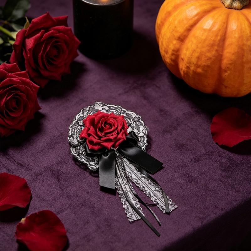 Lace Rose Flower Hair Clip Hair Styling Accessory with Long Ribbon Tails, Gothic Spring Clip for Women Costume Styling and Decoration Wear