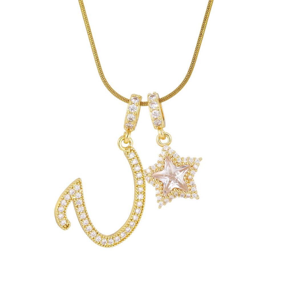 18K Gold Plated Copper Necklace with Zirconium Pentagram & Letter Pendant for Women