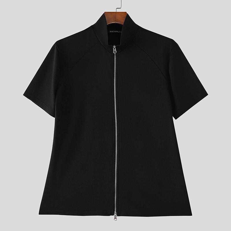 

INCERUN Summer Men Stand Neck Short Sleeve Zipper Splits Fitted Casual Tops T-shirts 4XL чёрный