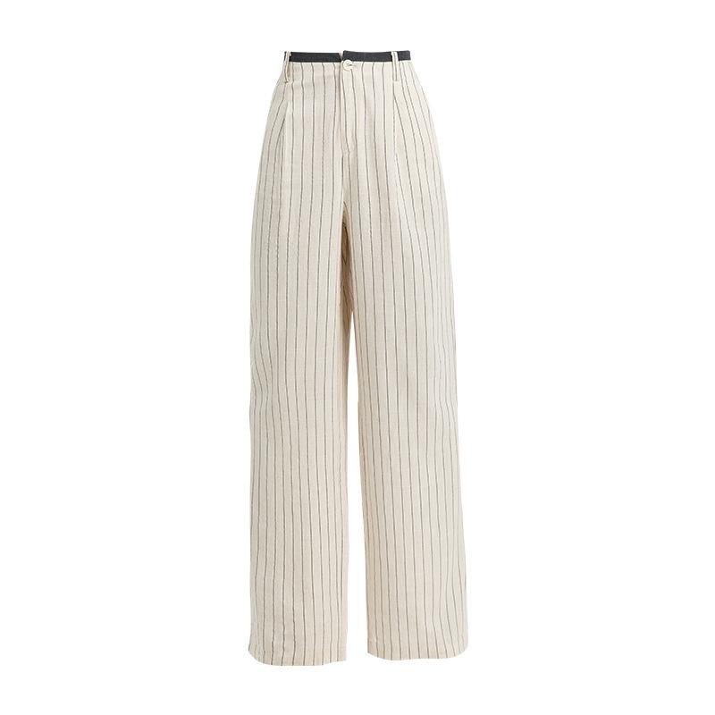 Xin Ge Vertical Stripe Linen Wide-Leg Pants - High-Waisted, Slimming, Casual Spring/Summer Style Size 33