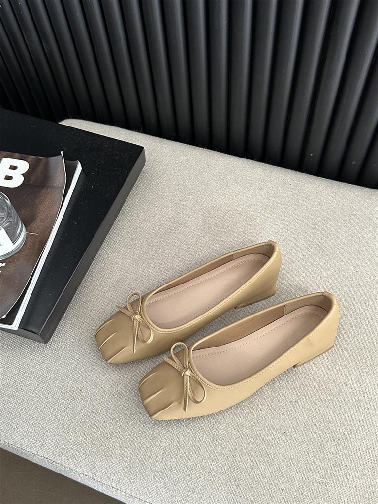 Off-white Bow Square Head Light Mouth Thick Heel Single Shoes Women's Gentle Soft Leather Grandma Shoes