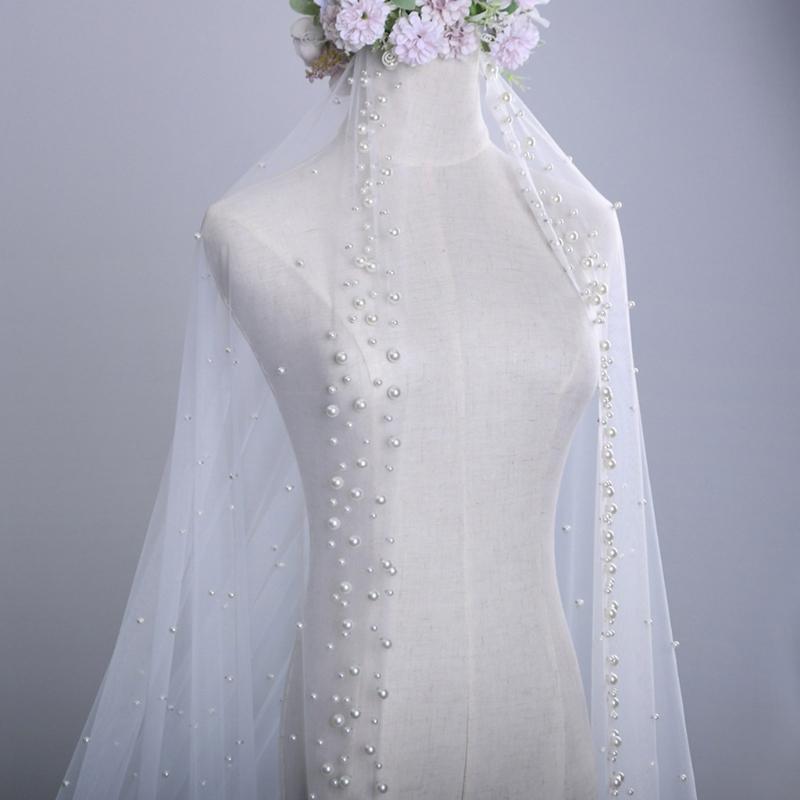 Wedding Bridal Veil Cut Edge Hair Accessories for Bride Single Layer Sheer Tulle 118" Pearls Embellished Chapel Veils