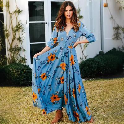 Women's Bohemian Print V-neck Button-up Seven-quarter Sleeve Skirt Dress