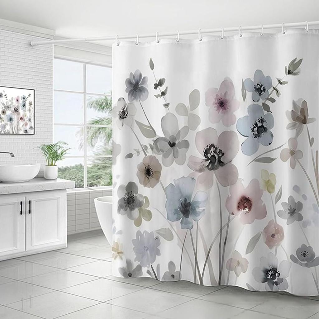 Grey Floral Shower Curtain Watercolor Tulip Flower Shower Curtains For Bathroom Waterproof Polyester Fabric Bathroom Curtain