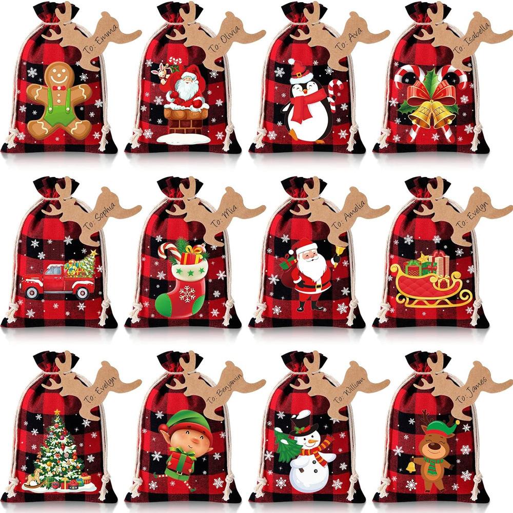 

Набор из 12 подарочных мешочков на Рождество со шнурком для затягивания, Рождественский льняной мешочек, Тканевый мешочек, Рождественский мешочек для конфет