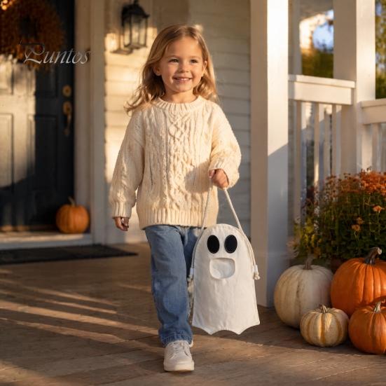 Lightweight Candy Carrier Halloween Ghost Bag for Kids, Cute Fabric Treat or Trick Decorative Holiday Tote with Handle, Spooky Snack Goodie Bags Party