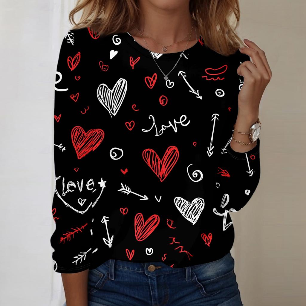 Women's Heart,shaped Printed Round,neck Loose Long,sleeved Top